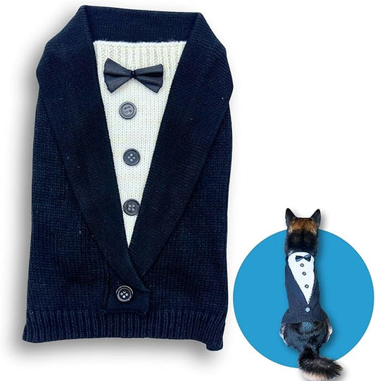 Cute Sweater for Dogs and Cats Soft Flannel Pet Outfit Warm and Cozy Animal Hoodie Small to Large Pet Clothes for Halloween Parties and Everyday Wear (Medium, Black Bowtie)