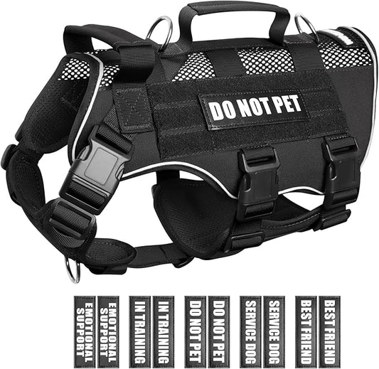 WINSEE Mesh Dog Harness with 10 Pet Patches for Large Service Dog in Training, Breathable Tactical Molle Vest with Double Handles, Reflective Military Pet Vest for Walking Hiking