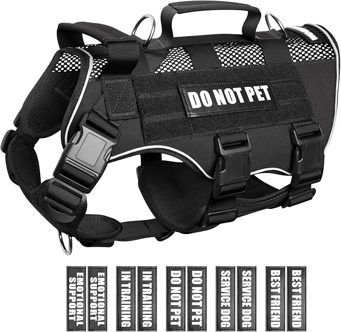 WINSEE Mesh Dog Harness with 10 Pet Patches for Small Service Dog in Training, Breathable Tactical Molle Vest with Double Handle, Reflective Military Pet Vest for Walking Hiking