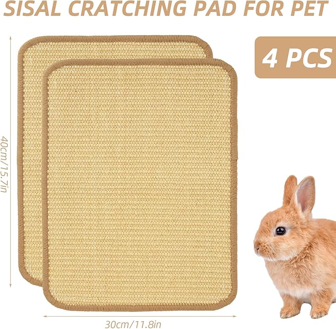 4PCS Rabbit Scratching Pad, Natural Sisal Bunny Scratching Pad, Rabbit Scratch Mat, Claws and Teeth Care Mats for Biting Sleeping Nesting Small Animal Bedding Chew Toys (15.7x11.8 Inch)