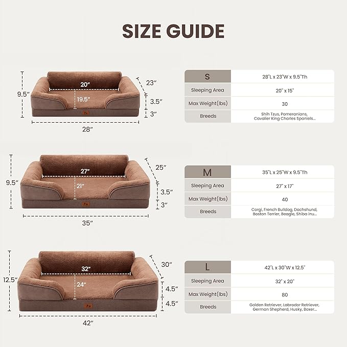 Orthopedic Dog Beds for Medium Size Dogs, Waterproof Egg-Crate Foam Pet Couch Bed with Soft Sides, Non-Slip Dog Sofa with Fleece Removable Washable Cover, 35" L Supportive Pet Sofa, Brown