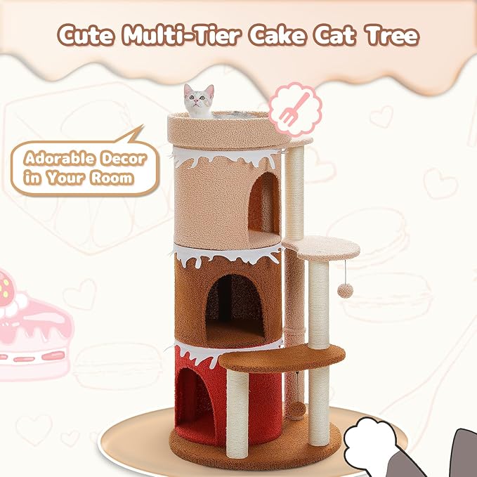 PETEPELA 43'' Cat Tree for Indoor Large Cats, Cat Bed House with 3 Large Cat Condos and Sisal Covered Scratching Posts for Kittens,Browm