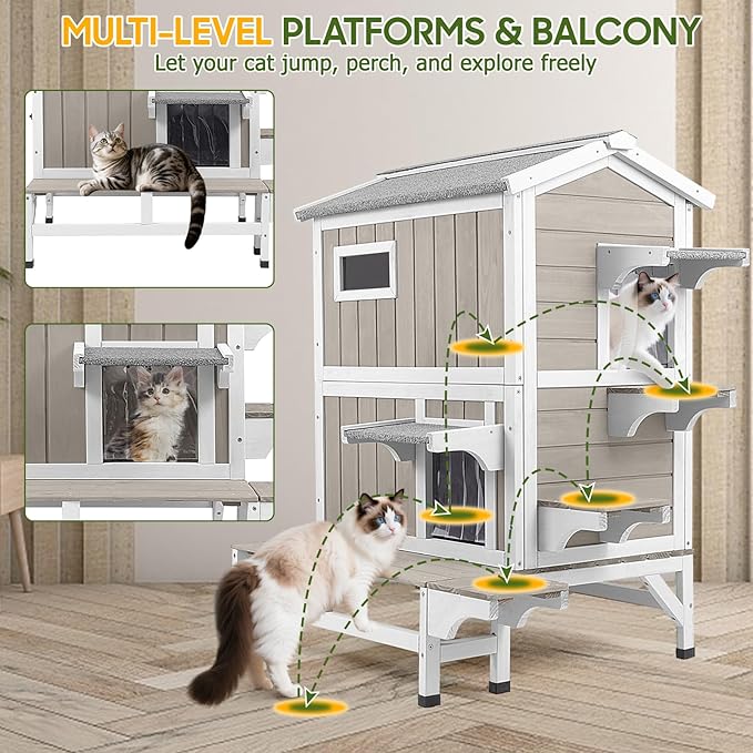 Outdoor Cat House Weatherproof with Balcony Outside Wooden Feral Cat Shelter with 3 Jumping Platforms and Openable Asphalt Roof for Cats and Small Animals