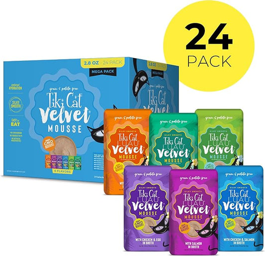 Tiki Cat Luau Velvet Mousse Wet Cat Food, 24 Count Mega Variety Pack 2.8 oz. Pouch (24 Count)