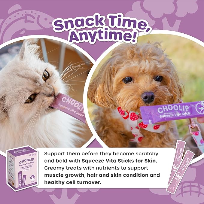 Squeeze Vita Stick Lickable Cat and Dog Treats – 7-Count Skin and Coat Support Sticks with Multivitamins, Soft Squeezable Paste for All Life Stages, Supporting Skin and Coat Health