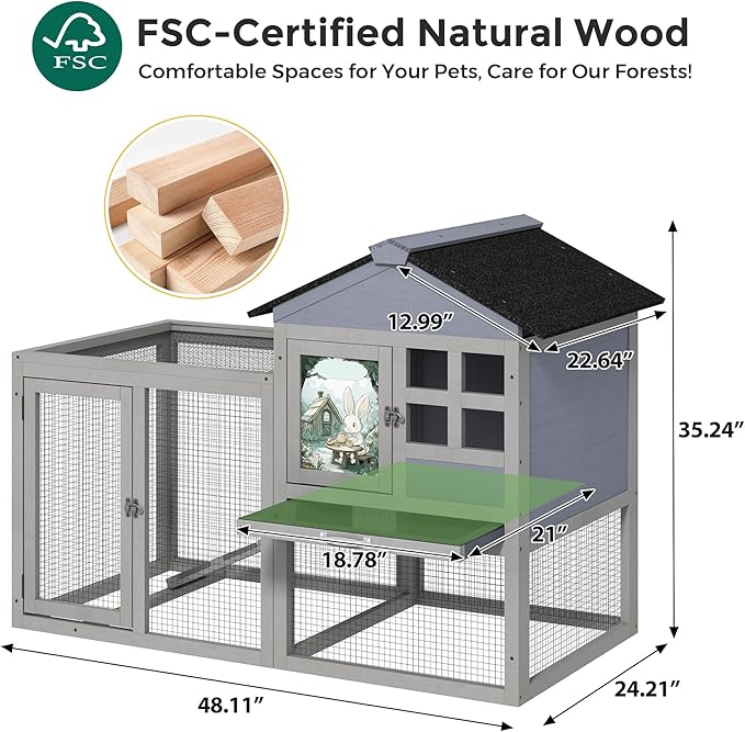 48" L Rabbit Cage Bunny Hutch Outdoor Indoor, Expandable 2-Story Large Wooden Small Animal Cage with Run, Removale Tray, Top-Opening Waterproof Roof, 2 Doors, DIY Drawing Board, Grey