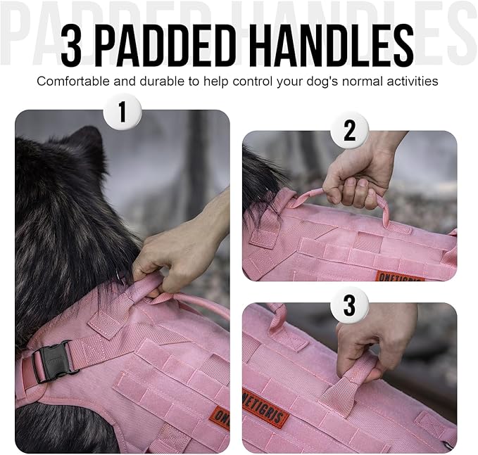 OneTigris Large Tactical Dog Harness, No Pulling Adjustable Dog Vest Harness, Heavy Duty Dog Harness with Handle, Large Hook and Loop Panels for Patch(Pink,S