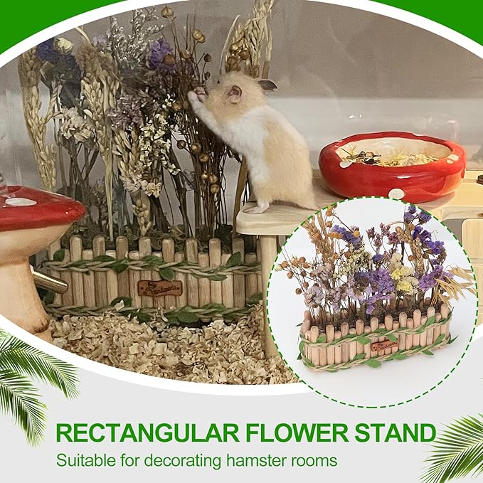 Hamster Cage Sprays Flower Foraging Holder - Natural Wood Feeding Stand, Small Pet Habitat Accessories for Hamsters Mouse Guinea Pig Dwarf Gerbils Syrian Mice (Rectangle Shape)