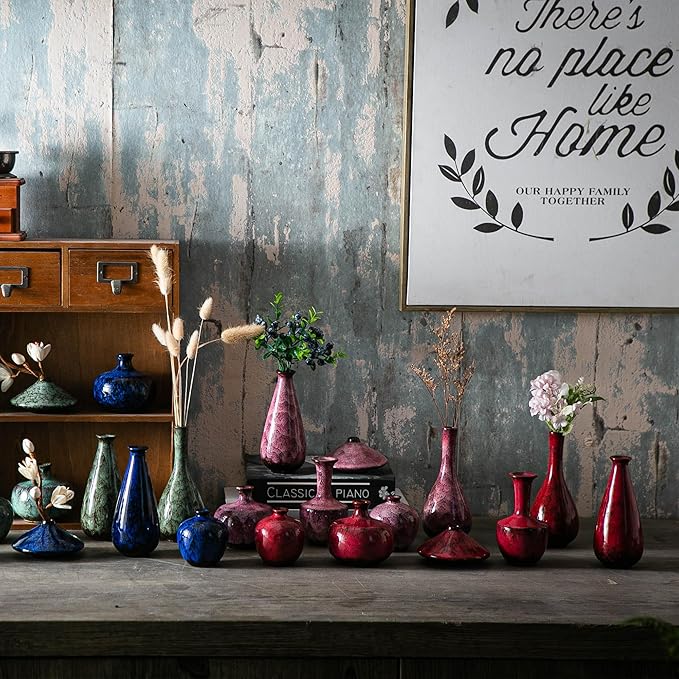 Red Ceramic Bud Vases, Set of 6 Small Glazed Pottery Vases for Floral Arrangements, Decorative Rustic Vases for Modern Farmhouse Home Decor, Living Room, Dining Table Centerpieces