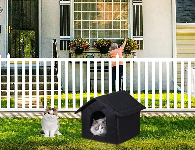 Cat Houses for Outdoor Cats, Weatherproof Outdoor House for Feral Cats, Warm Stable Stray Cats Shelter in Winter Black Large