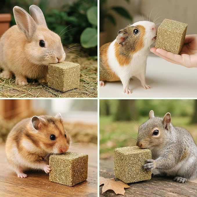 Abizoo Natural Rabbits Chew Toys Timothy Hay & Pine Wood Blocks for Guinea Pigs, Hamsters Small Animal Dental Care Digestion & Molar Health Vitamin-Enriched Safe Chewing Treats