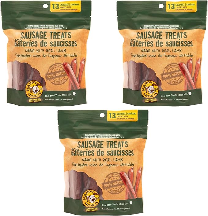 Happy Howie's Sausage Treats - Healthy, Flavorful Slow Cooked Lamb Dog Treats, Natural Ingredients, Hormone Free - Lamb (Pack of 3)