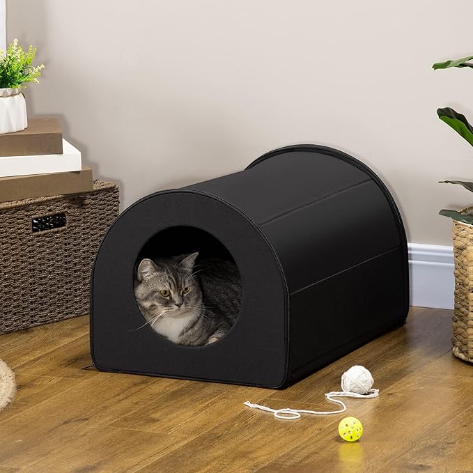 PawHut Dome Heated Cat House Portable and Waterproof Pet Shelter for Kitty in Winter, Black