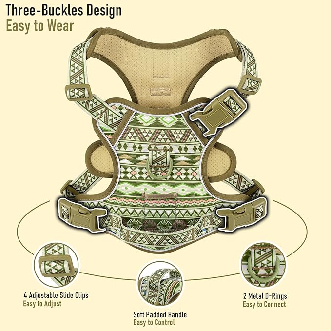 Dog Harness for Giant Dogs, Heavy Duty No Pull Pet Harness Vest Easy Control with Handle, Adjustable Reflective Extra Big Sized Dog Vest for Training, Walking, Hiking, Green Ethnic, XL