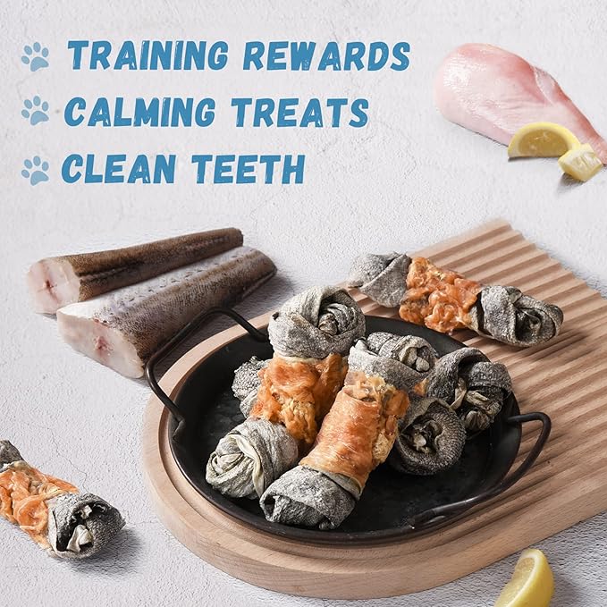 Dog Treats Chicken Wrapped Cod Skin Knotted Bones-6.5", All-Natural Healthy Fish Skin Dog Chew Treats for Medium Large Breeds, Rich in Omega-3 Protein, 4 Counts, 10.6 OZ