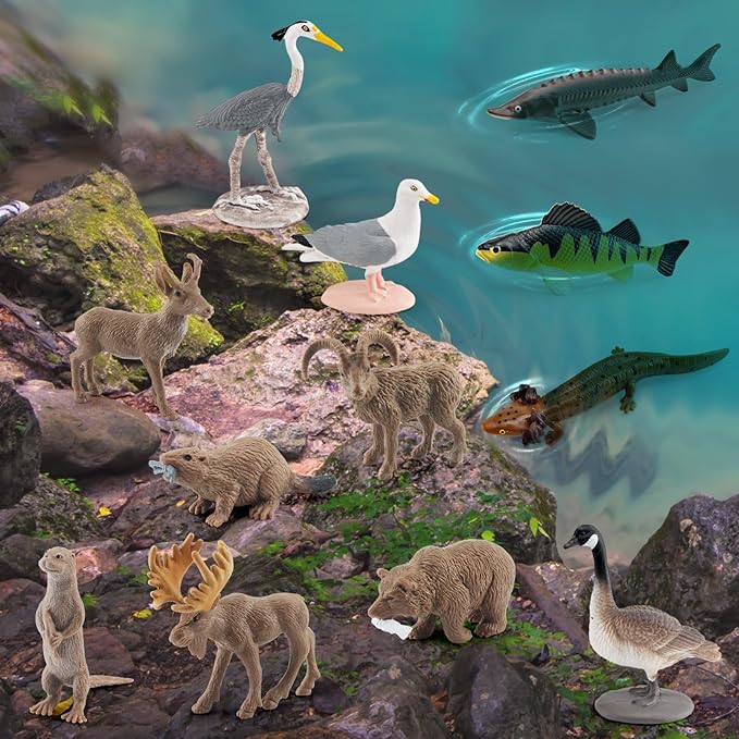 1-2 Inch Mini Biome Great Lakes North American Set for Cake Topper Plastic Animals Figurines Set Water Snake Bat Goose Figurines Dragonfly Figure Toy Gift for Kid Toddlers