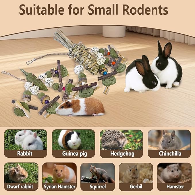 Rabbit Chew Toy, 2Pcs Bunny Cage Hanging Chew Toy & Treats,Natural Material Handwoven Chinchilla Treats Toys for Guinea Pig Hamster Rat and Other Small Pets Teeth Grinding