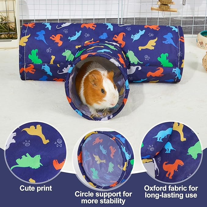 Bienbee Guinea Pig Tunnel, 3 Way Washable Guinea Pig Hideout,Foldable Rabbit Tunnel Guinea Pigs Toys for Bunny Hamster Chinchilla Ferret Rabbit Guinea Pigs Accessories Blue Dinosaurs