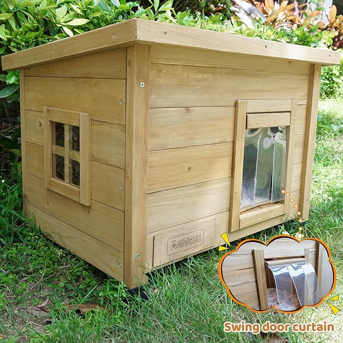 Outdoor Wooden Pet House, Weatherproof Winter Shelter for Dogs and Cats, Elevated Design with Window (Yellow, 22.56 * 17.71 * 16.73)