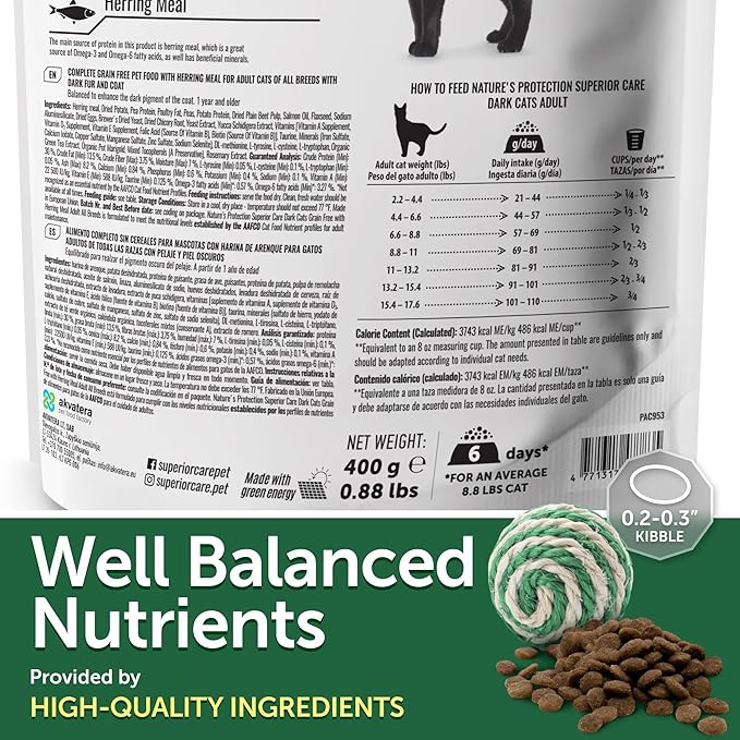 Nature's Protection Dry Cat Food - Grain Free, High Protein Cat Food Dry Kibble for Indoor Adult Cats with Dark Fur - Sensitive Stomach, No Tear Stains & Hairball (Superior Care - Herring, 14.11 lb)