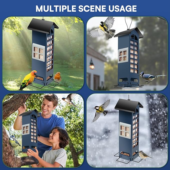 Squirrel Proof Bird Feeder,Mesh Metal Bird Feeders for Outdoors Hanging,2LB Large Capacity, Gravity Protection Squirrel Proof Wild Bird Feeders with Finch Cardinal Chickadee (Blue)