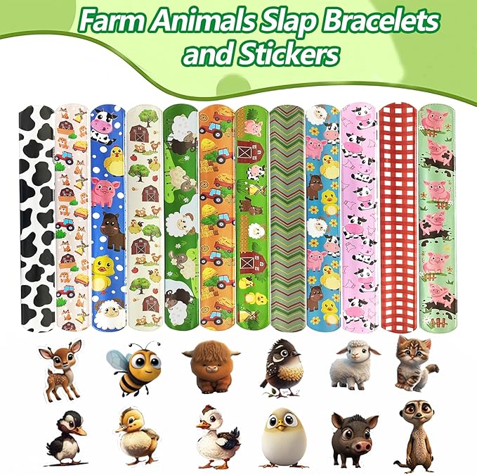 74PCS Farm Animals Party Favor 50PCS Barnyard Party Stickers&24PCS Slap Bracelets Farm Animals Birthday Supplies Team Gift Fillers School Classroom games Rewards Supplies