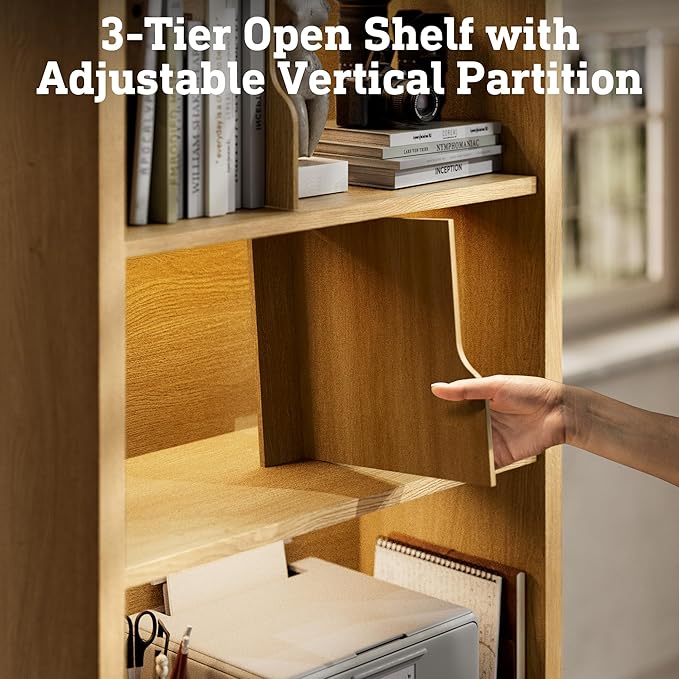 Fluted Bookcase with LED Light Set of 2, 72.2" Tall Standing Bookshelf with Drawer and Doors, Modern Storage Book Case Suite with 6-Tier Open Shelves for Office, Living Room, Bedroom (2, Original Oak)