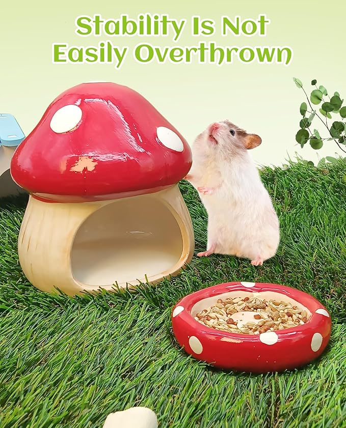 BNOSDM Ceramic Hamster Hideout and Food Bowl Set Cute Mushroom Shape Hamster House and Habitat Cool Hamsters Hide Suitable for Syrian, Mice, Dwarf Hamsters, Gerbils (Red)