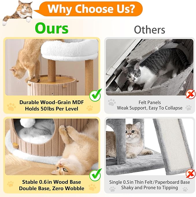 Modern Cat Tree for Indoor Cats Large Adult, 36in H Cat Condo Tower with Scratching Posts, Cozy Cat Bed Cave, Washable Cushions, Dangling Balls, Play&Nap Cat House for All Breeds of Cats, Brown