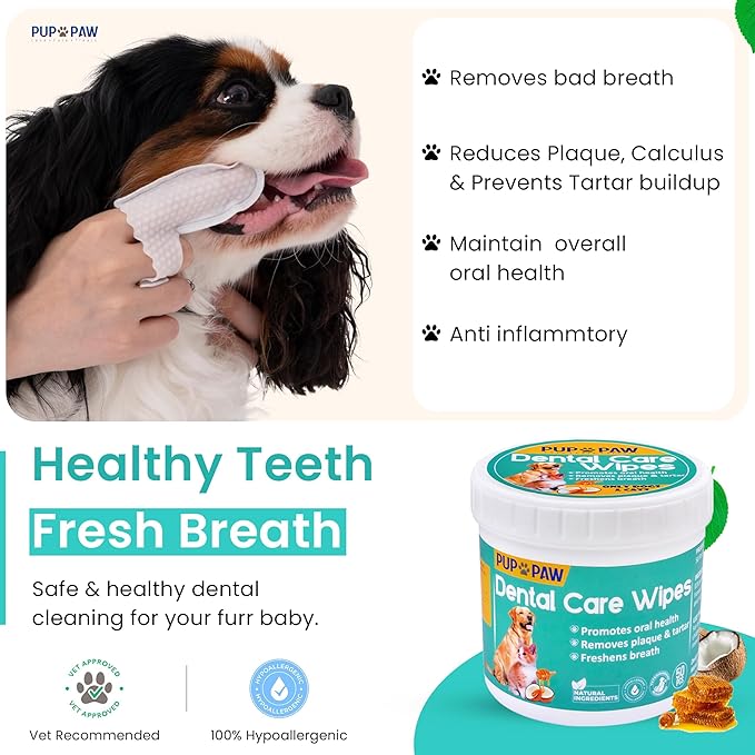 Vet Recommended Dog & Cat Dental Wipes – Teeth Cleaning Finger Wipes for Pets, Remove Plaque & Tartar, Freshen Breath, Easy Daily Oral Care – 50 Count
