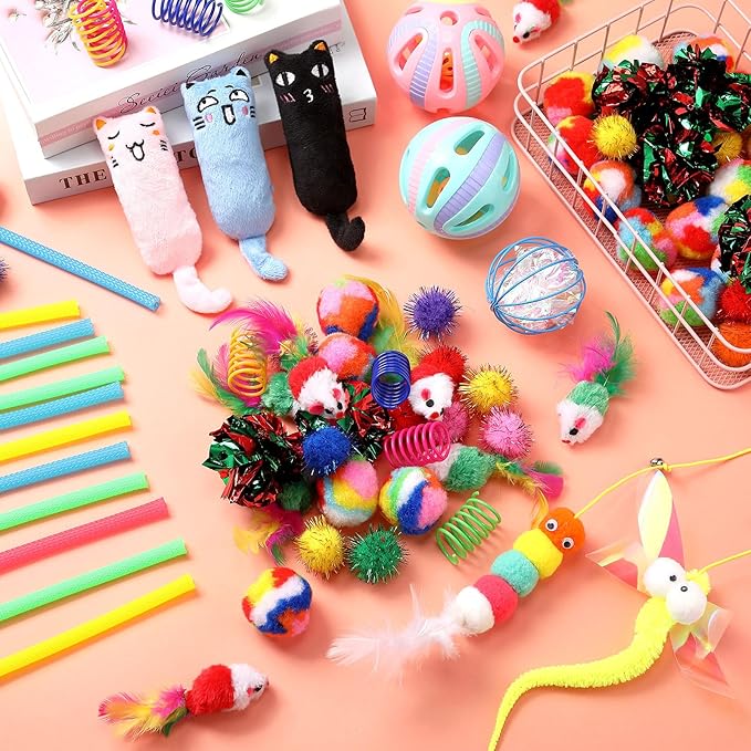 Shappy 150 Pcs Cat Toys Bulk Kitten Toys Pack Variety Funny Interactive Gift Including Mice Rainbow Balls Spring Crinkle Balls for Indoor Cat Kitty Kitten (Funny)
