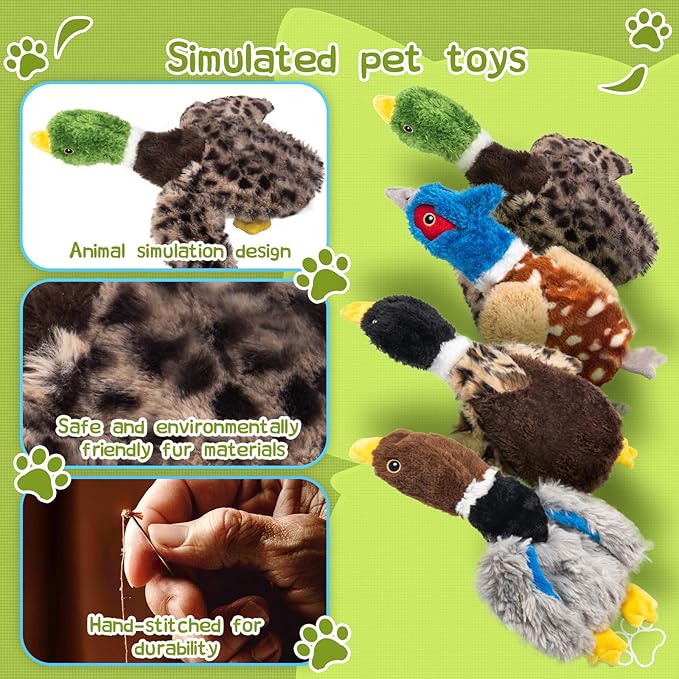 Dog Squeaky Toy Set – 4-Pack Durable Plush Duck, Pheasant, Goose for Small and Medium Dogs – Soft Bird Chew Toys with Crinkle Sound for Puppy Play, Interactive Training