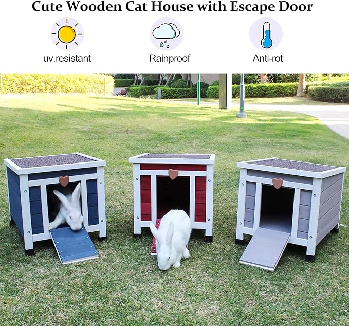 Deblue Weatherproof Cat House for Outdoor Cats, Wooden Small Pet House Outside, Feral Cat Shelter with Elevated Floor and Lockable Door - Blue