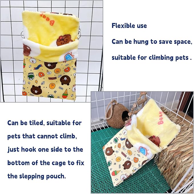 Sugar Gliders Sleeping Pouch Bag Hamster Cotton Hanging Flannel Warm Bed Hideout with Hooks Glove Small Pet Nest Bed for Squirrel Rat Hedgehog,Yellow