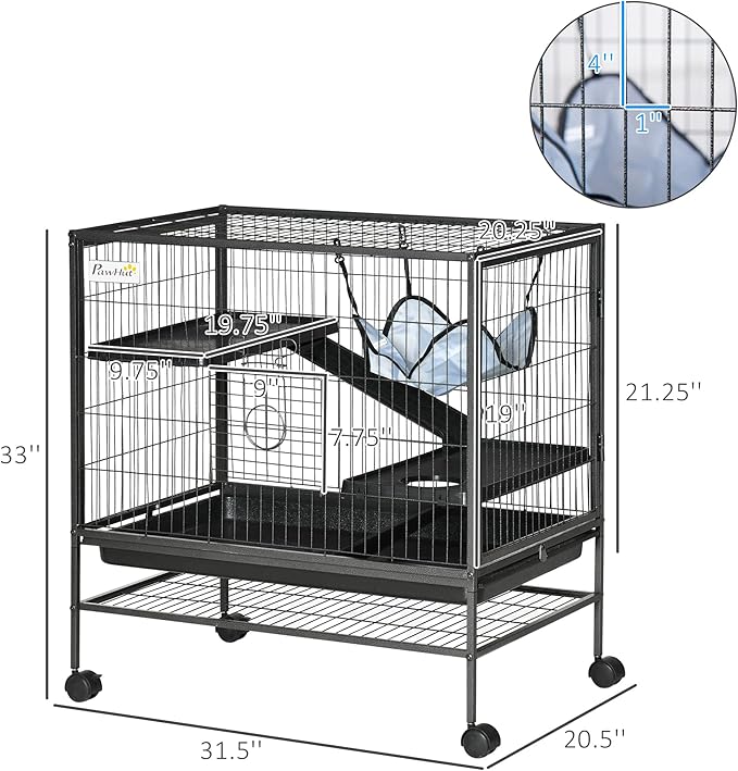 PawHut Small Animal Cage with Wheels, Pet Playpen for Rat, Syrian Hamster, Kitten, Ferrets, Chinchillas with Bottom Storage Shelf, Removable Tray, Ramp, 31.5" x 20.5" x 33.1"
