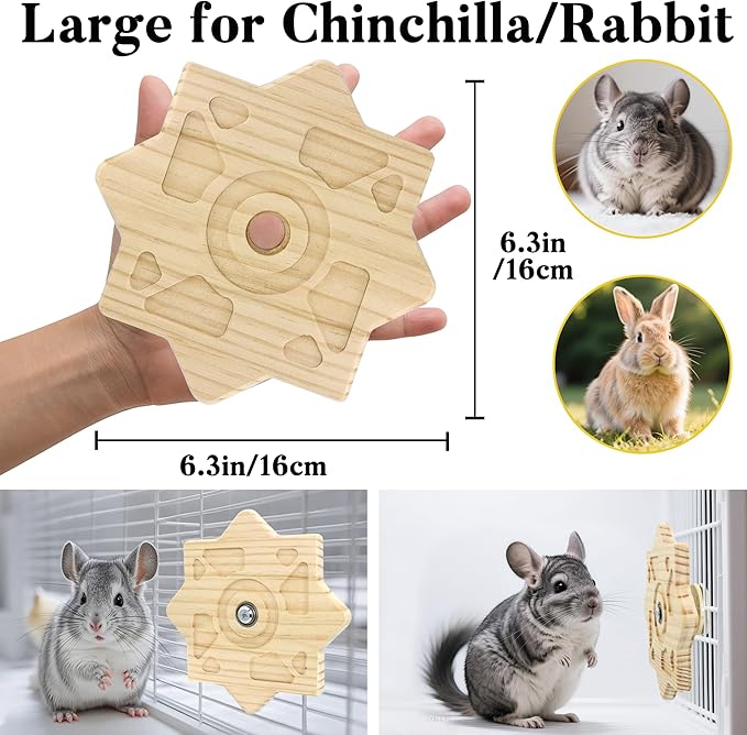 Rotating Natural Wood Chinchilla Chew Toys for Teeth, Interactive Enrichment Toys, Hanging Exercise Chinchilla Toys for Cage for Playtime, Spinner Cage Accessories Wheel (1pc Square)