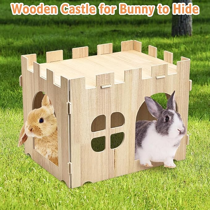 Fhiny Wooden Guinea Pig Hideout, Detachable Bunny Castle with 4 PCS Timothy Hay Chew Toys Guinea Pig Play Hideaway Cage Accessories for Indoor Rabbit Chinchilla Hedgehog Hamster Habitat