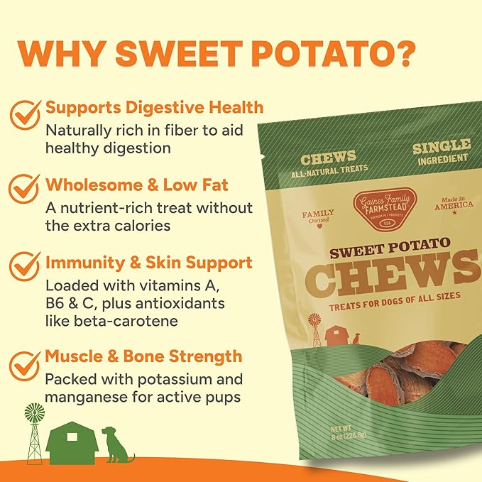 Gaines Family Farmstead Sweet Potato Chews for Dogs - 14 oz Bag, Single Ingredient, Sweet Potato Dog Treats, High Fiber, Grain-Free, Rawhide Alternative, Vitamin-Rich, Made in USA