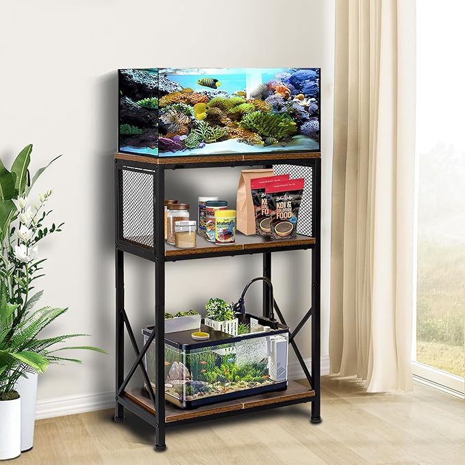 10 Gallon Fish Tank Stand, Aquarium Stand with 3-Tier Storage Shelves, Rustic Brown Metal Frame Turtle Tank,Adjustable Height Design (10 Gallon)