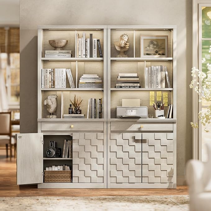 Fluted Bookcase with LED Light Set of 2, 72.2" Tall Standing Bookshelf with Drawer and Doors, Modern Storage Book Case Suite with 6-Tier Open Shelves for Office, Living Room, Bedroom (2, White Oak)