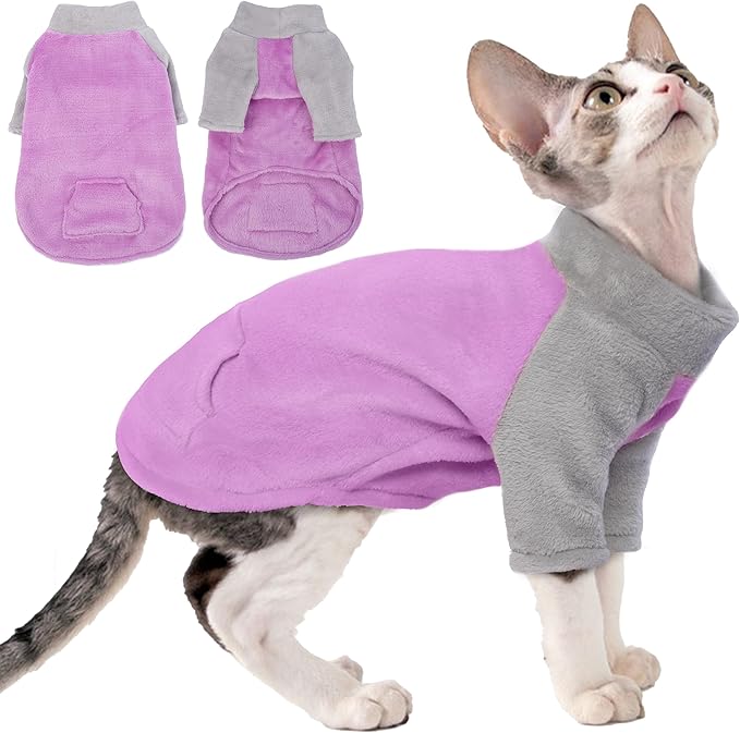 PUMYPOREITY Turtleneck Sweater for Sphynx Cat, Soft Coral Fleece Cat Clothes, Thick Winter Warm Outfit Coat with Sleeves, L, Purple