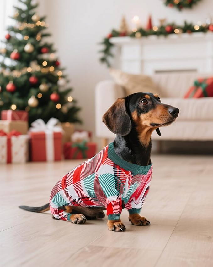 PET SHOW 4 Pack Small Dog Pajamas Holiday Dog Clothes for Medium Dogs Girl Boy Soft Stretchy PJs Plaid Jumpsuit Puppy Cats Fall Onesies Christmas Outfits with Sleeve Pets Dachshund Costume(M, Plaid)