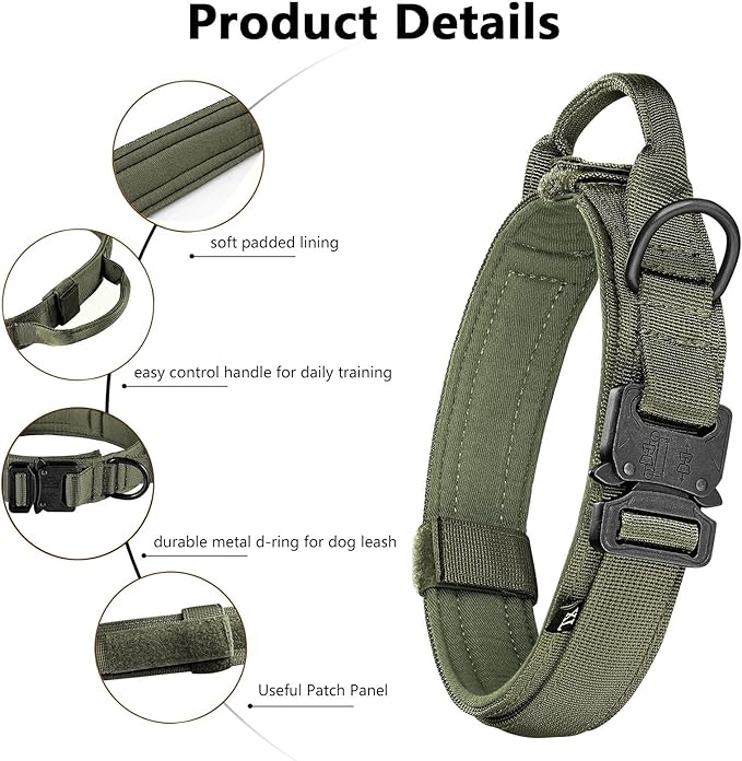 Tactical Dog Collar and Leash Set Heavy Duty Military Dog Collar with Handle and Metal Buckle for Medium and Large Dogs (Army Green, L)