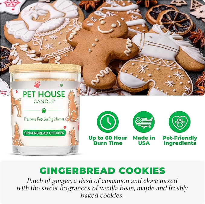 One Fur All Pet House Christmas Candles, Long Lasting, Clean Burning, Soy Wax Scented Pet Odor Candles, Gingerbread Cookies