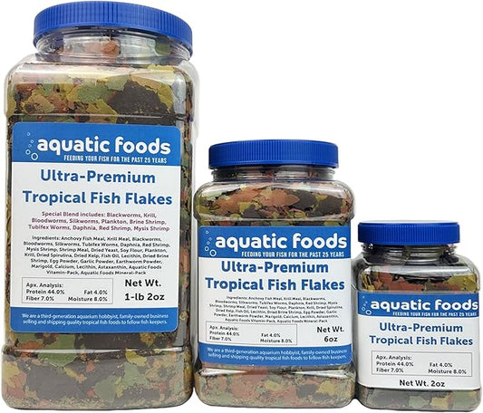 Aquatic Foods Inc. Ultra Premium Tropical Fish Flakes with Krill and Shrimp Meal, Spirulina for All Tropical Fish Also Pellet Mix, Wafer Mix Included…6oz