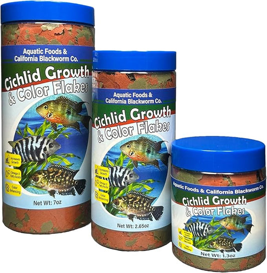 Aquatic Foods Inc. Cichlid Green Growth & Red Color Enhancing Flakes for Cichlids, Central & South American Cichlids, 4-Type Wafer Mix & 12-Type Pellet Mix Included 1.30oz Canister