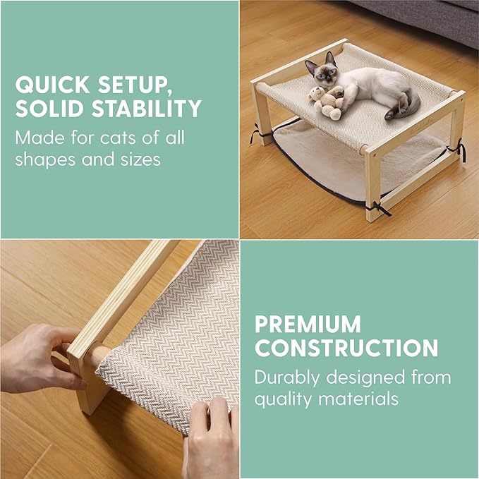The Cat Ladies 2-in-1 Cat Hammock Bed - Elevated Wooden Pet Bunk Beds for Indoor Cats - Solid Wood Raised Hanging Bed for 1 or 2 Cats - Cat Furniture with Top Bed and Bottom Mat