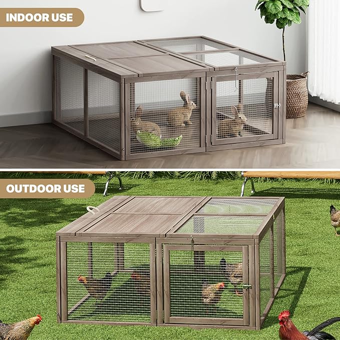 MoNiBloom Foldable Chicken Run Wood Chicken Coop Rabbit Hutch No Assembly Required Indoor/Outdoor Small Animal Nesting Box Habitat Enclosure Spacious Pet Playpen, 45.5" L x 42.5" W x 20" H, Grey