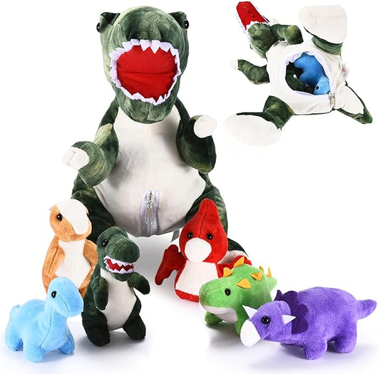 Dinosaur Stuffed Animal – Soft and Snuggly Dino Plush Toy Set – Includes 1 Large Dinosaur Plush with 6 Baby Dino Plushies – Super Soft, Skin-Friendly, and Non-Fade Cuddly Stuffed Animals
