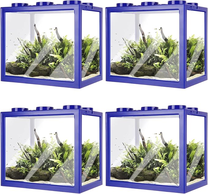 4PCS Plastic Small Betta Fish Tank, 0.6 Gallon Stackable Fish Bowl, Cube Fish Aquarium Tank for Shrimp, Turtle, Small Crab (Blue)